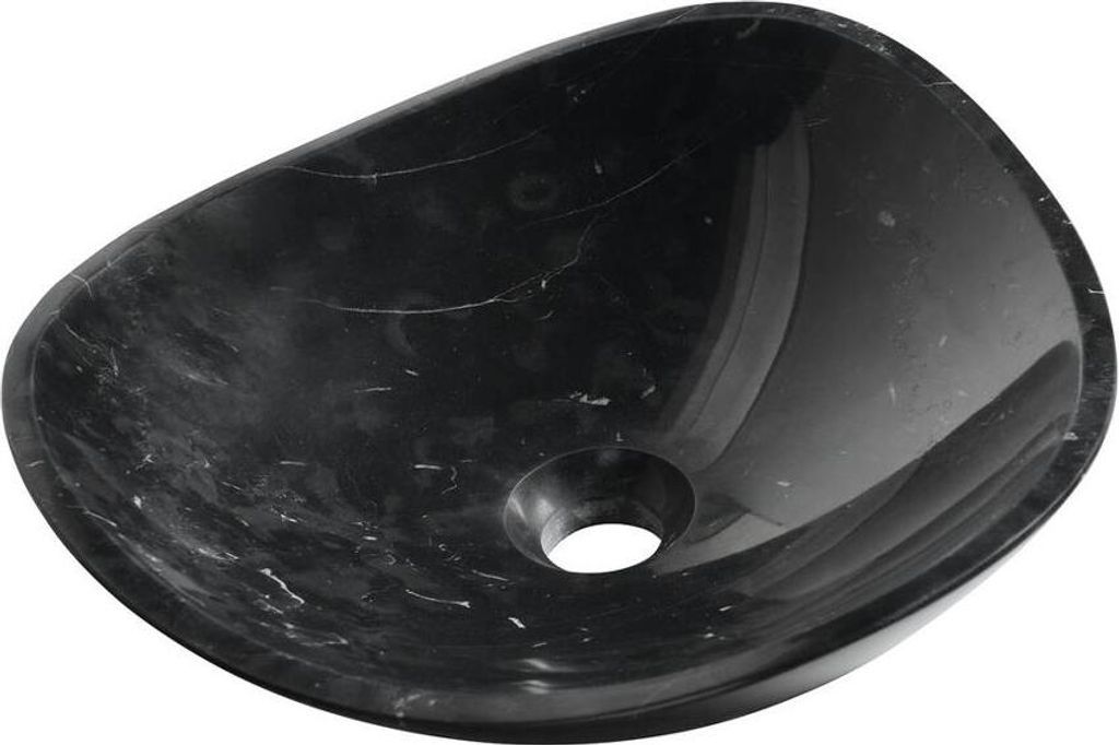 A black marble basin with white veining, shown from a slightly elevated angle against a white background.