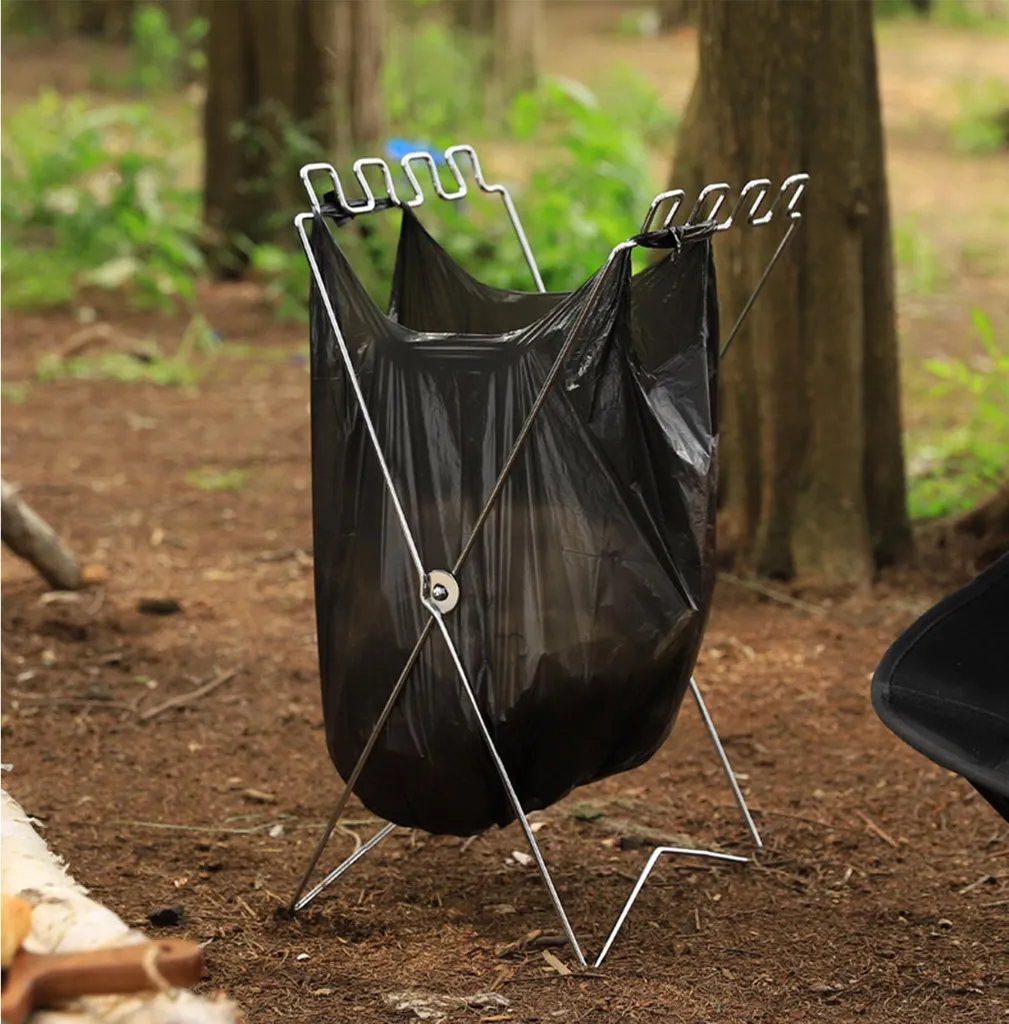 Porte-sac poubelle camping et barbecue, support pliable inox extérieur