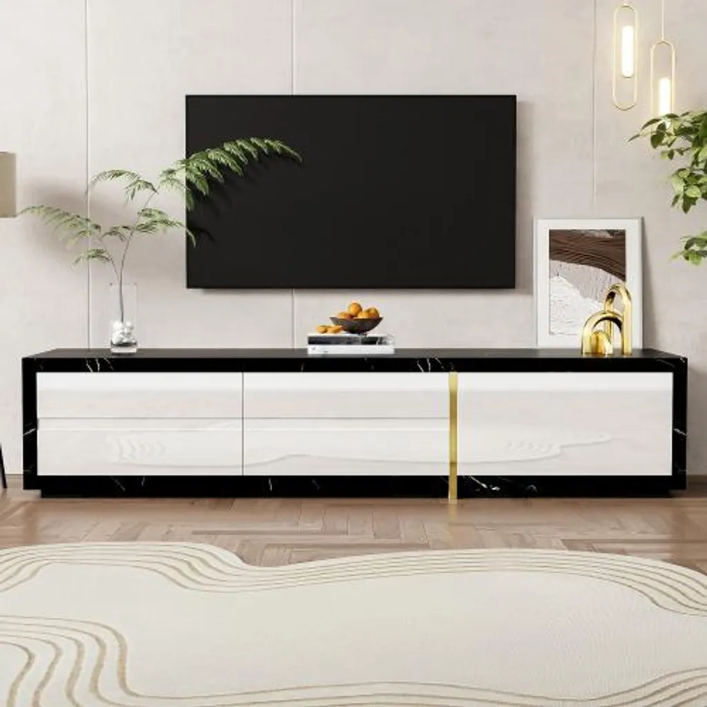AIORBER Meuble TV Extensible 140-260 cm Effet Marbre Noir et Blanc Chic