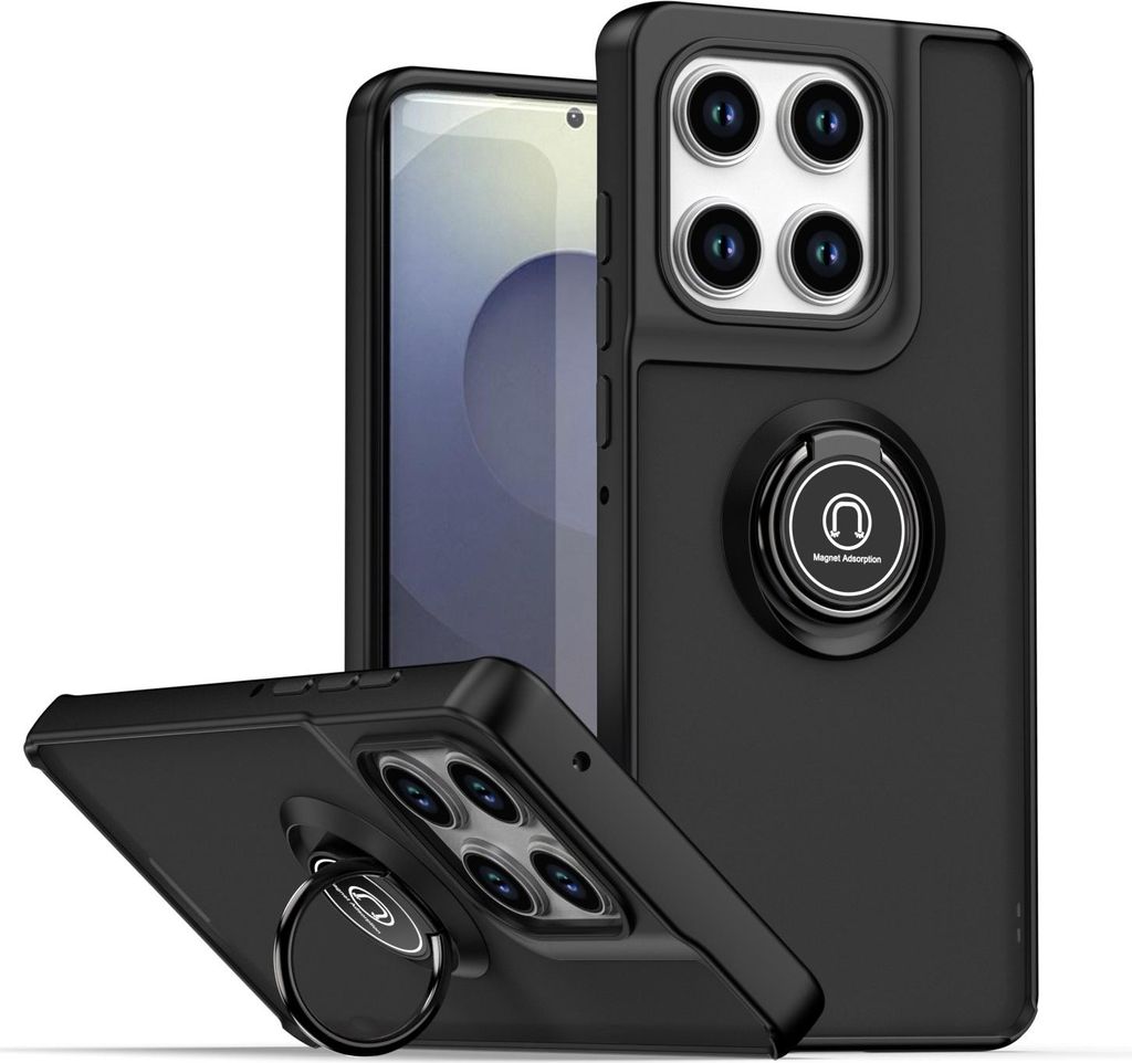 Hülle für Motorola Edge 60 Pro Matte Transluzent TPU Stoßfest Schutzhülle mit Ring Halter Ständer Schwarz