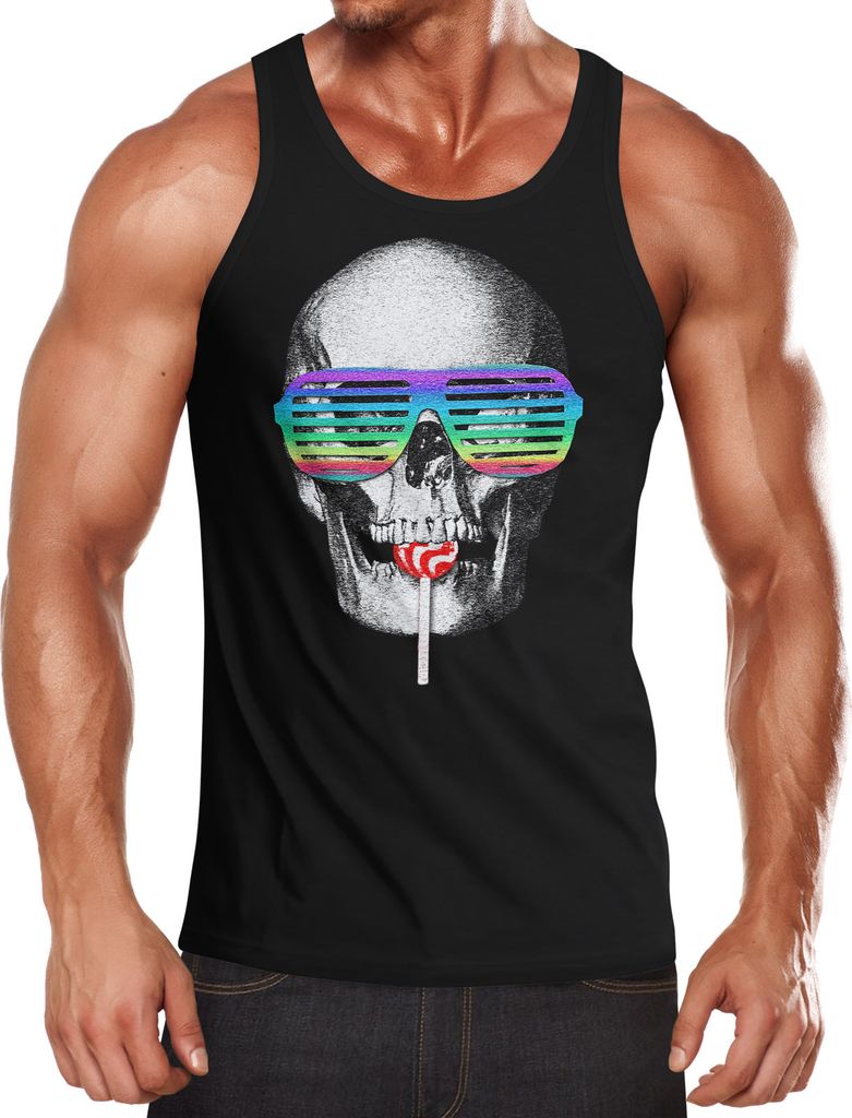 Herren Tanktop Skull Lolly Hippie Retro 70er Totenkopf Moonworks schwarz XXL