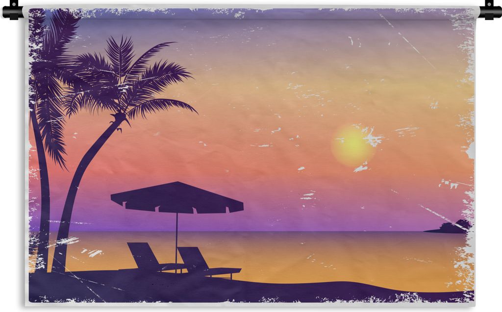 MuchoWow Wandteppich Wandbehang Strand - Stuhl - Sonnenschirm - Nacht 150x100 cm Tapisserie Dekoration Wandtuch - Waschbar - Tapisserien - Wand-D...