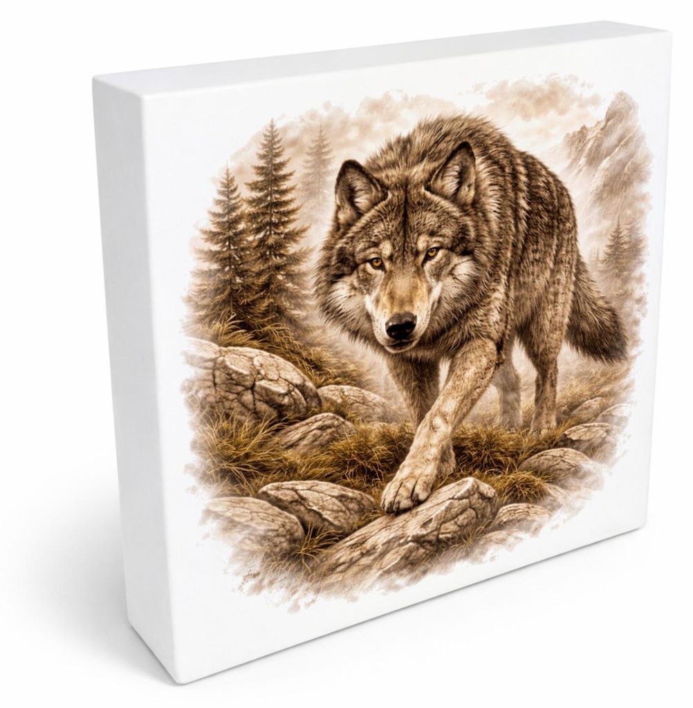 Wolfsmagie Wolf in Bergen Holzbild in 20x20 cm zum Stellen oder Aufhängen
