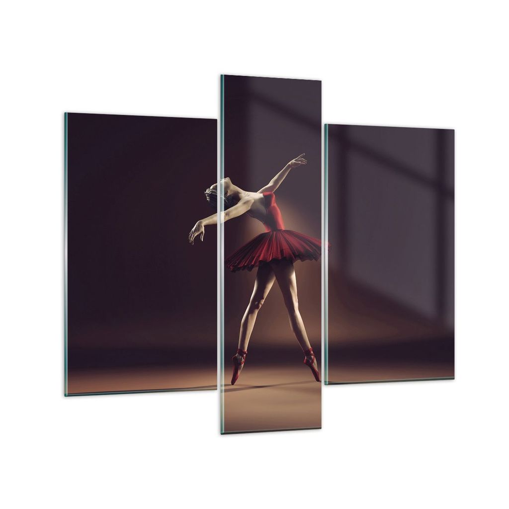 Bilder auf glas - 3 Teile - Ballerina Rot Kleid - 95x80cm - Glasbilder - Wandbilder - Bilder - zum Aufhängen bereit - Wanddekoration aus Glas - Gl...
