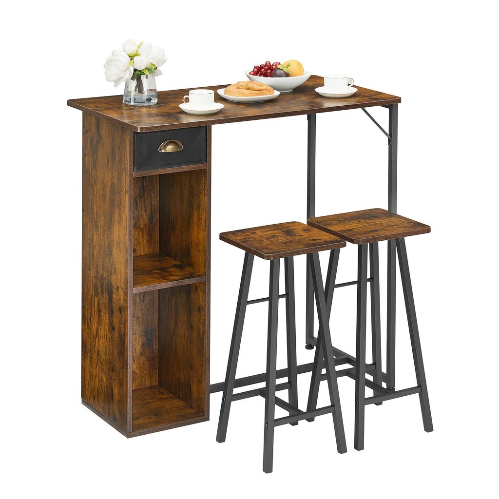 Essgruppe Esstisch 3-teilig Bartisch mit 2 Stühlen Stehtisch für Kleine Räume platzsparendes Küchentisch Set braun