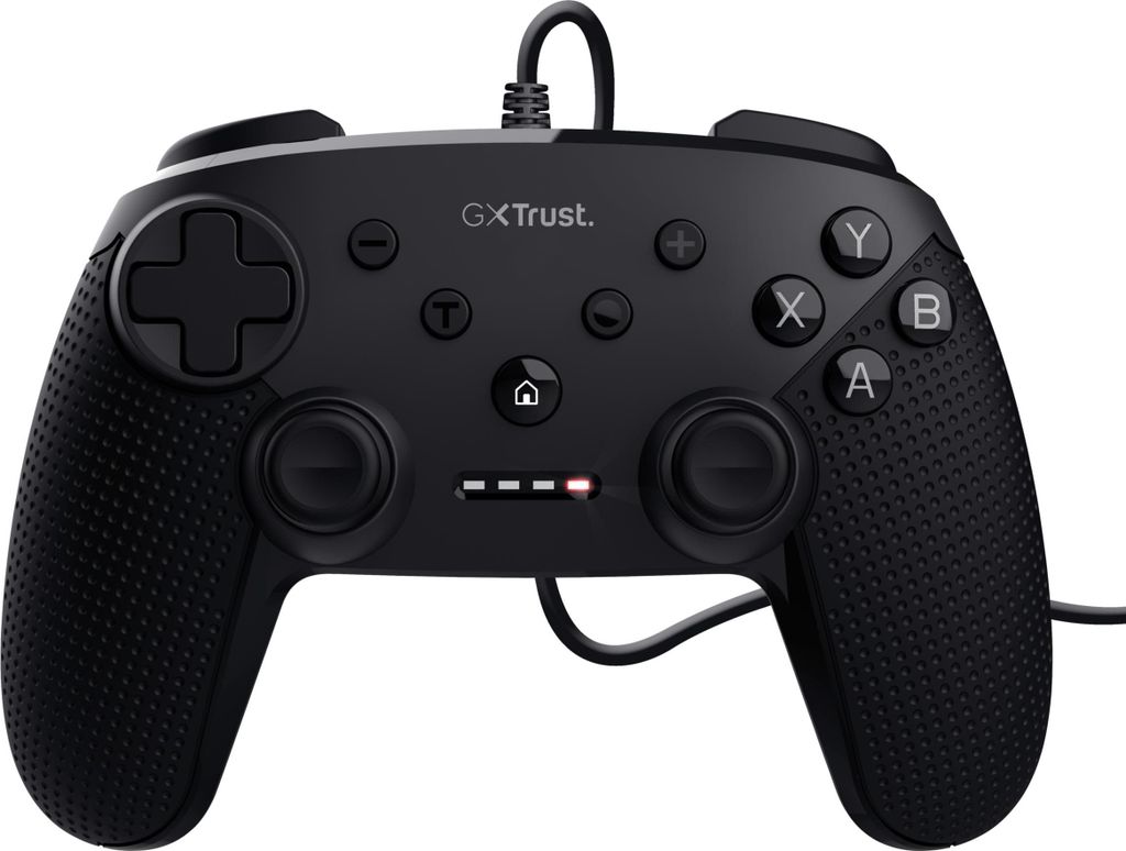 A black wired gaming controller for PC is shown against a white background.