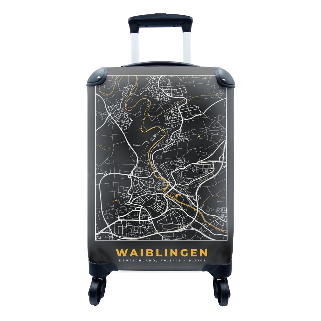 MuchoWow Koffer Handgepäck Trolley Rollkoffer Kleine Reisekoffer mit 4 Rollen - Schwarz und Gold - Stadtplan - Waiblingen - Deutschland - Karte ...