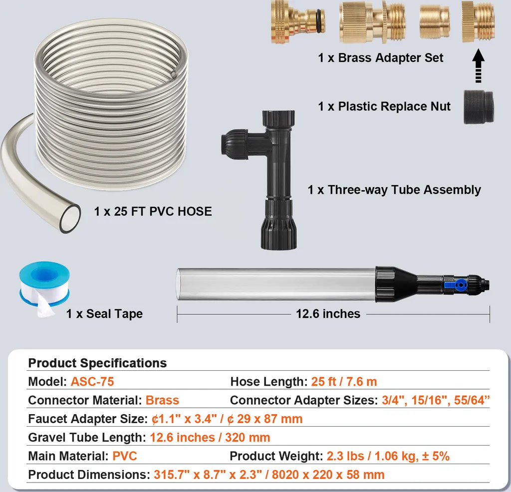 SucceBuy aspirapolvere per acquari, pulitore per ghiaia, tubo in PVC da 25 piedi, aspirapolvere per acquari, pulitore a sifone con 3 adattatori in ottone per la pulizia di ghiaia e sabbia nell'acquario, senza bisogno di elettricità - 7