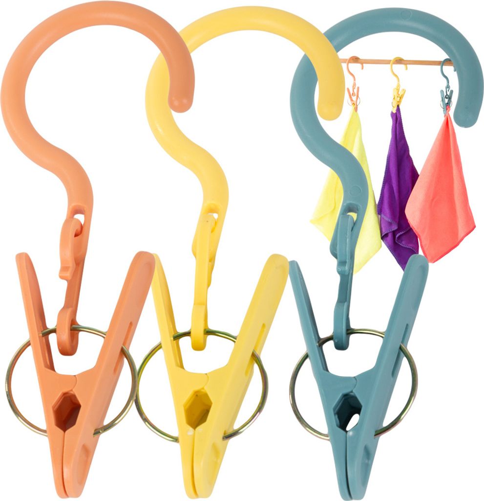 Three colorful clothes clips with hooks are displayed against a white background.