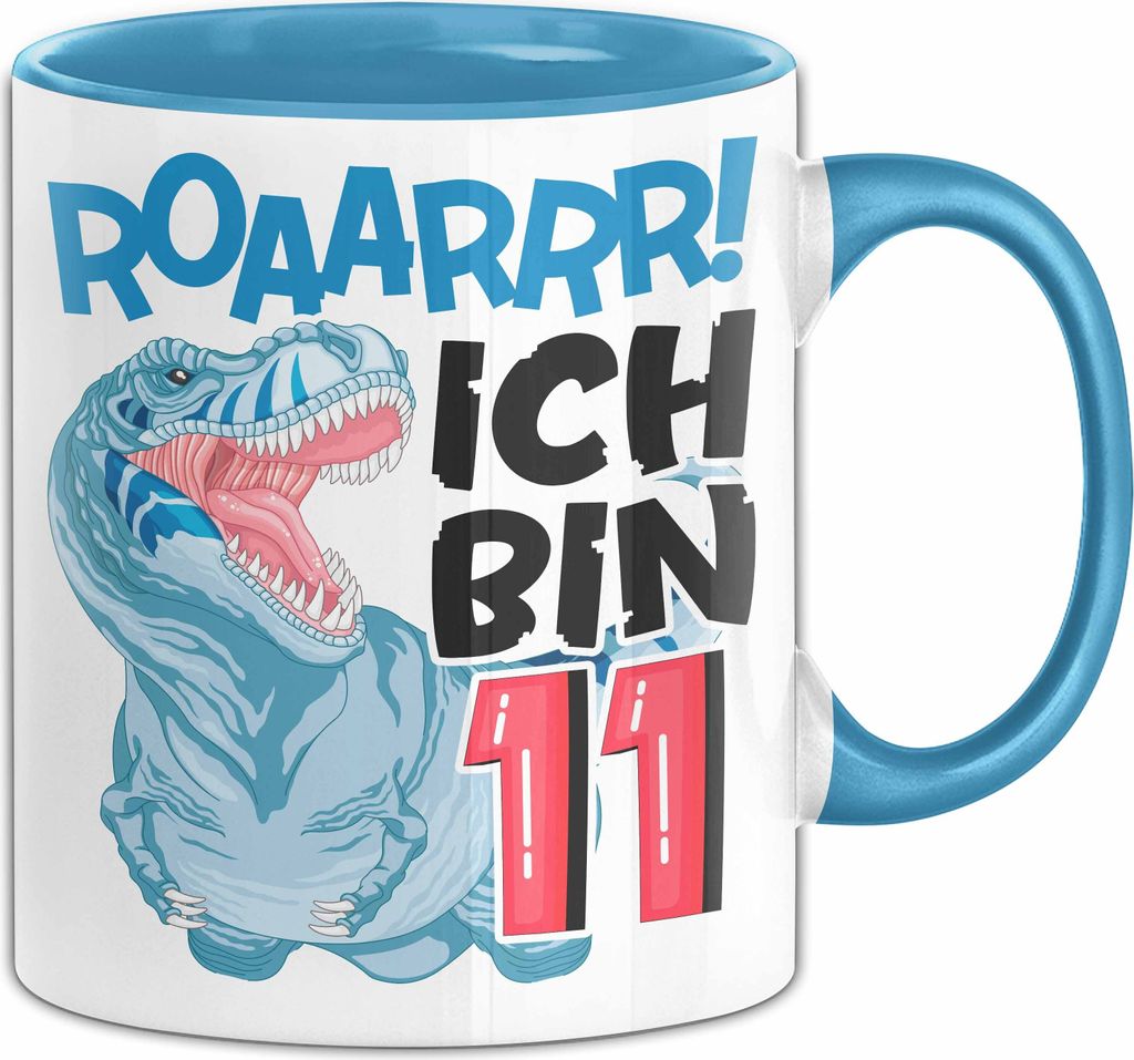 11. Geburtstag Geschenk Tasse Becher Jungs Dino T-Rex Roaarrr Ich Bin 11 (Blau)