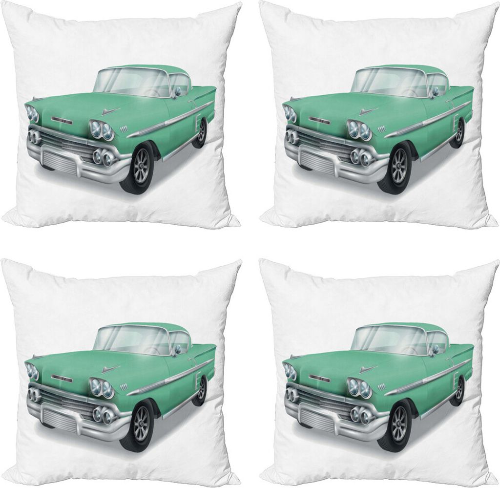 ABAKUHAUS Autos Kissenbezug Set (4 Stück), Klassische Veteran Vehicle, Moderner Doppelseitiger Digitaldruck, 40 cm x 40 cm, Mint Green Pale Grau