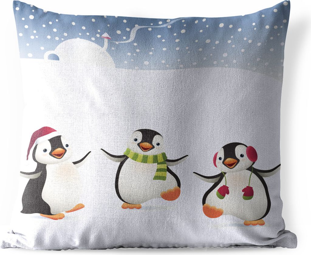 MuchoWow Outdoor Kissen - Illustration mit drei im Schnee tanzenden Pinguinen - 40x40 cm - Wetterfest - Lounge Kissen - Kopfkissen - Interieur - ...