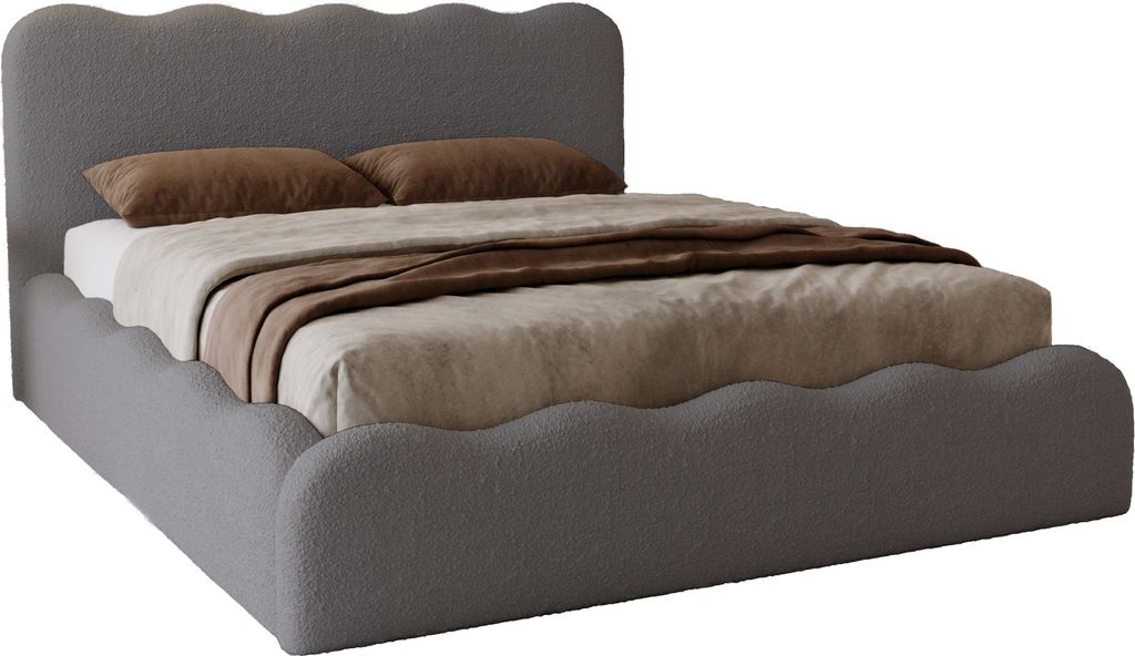 Doppelbett mit Bettkasten 180x200 Wave - Schaumstoff, Lattenrost - Polsterbett Boucle, Dunkelgrau