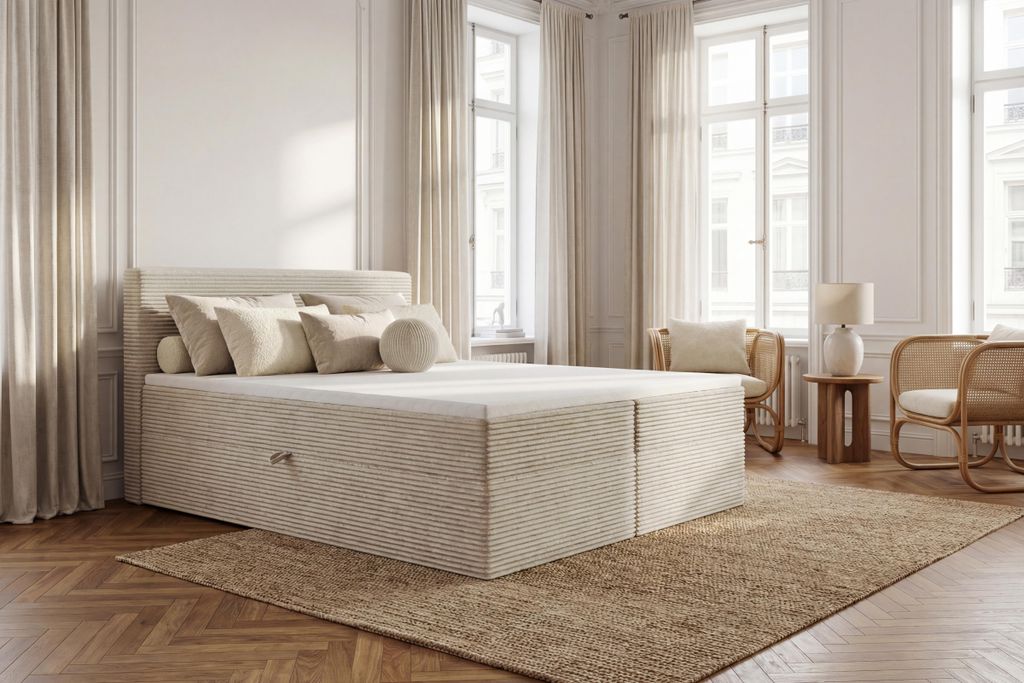 TRADA Boxspringbett TILIA 180×200 mit Topper mit Bettkasten Bonell H3 Beige