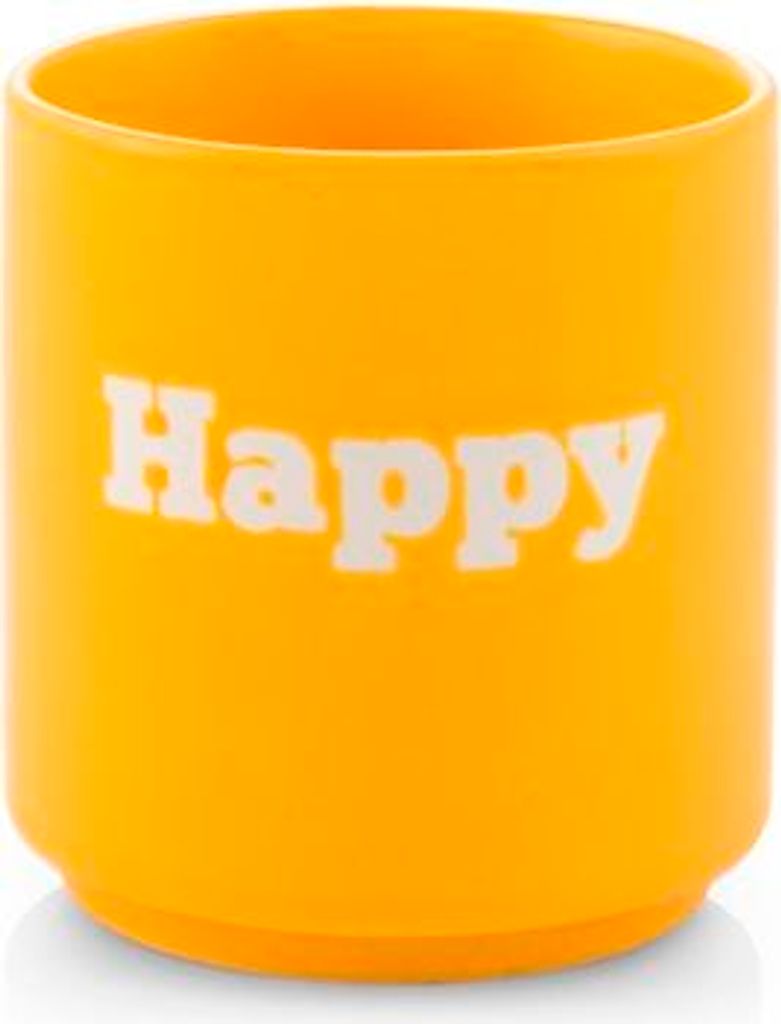 Gelbe Keramiktasse mit dem Aufdruck „Happy“ – Fassungsvermögen 200 ml