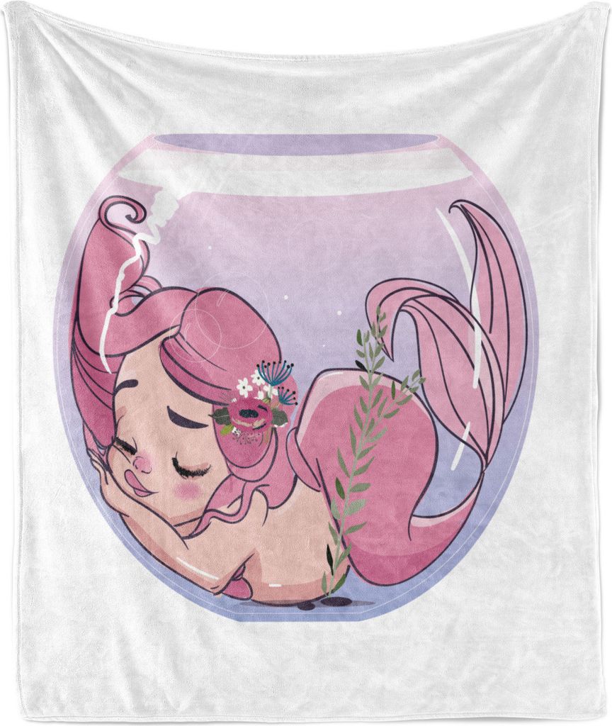 ABAKUHAUS Meerjungfrau Weich Flanell Fleece Decke, Floral-Cartoon-Figur in einer Fisch-Schüssel, 175 x 230 cm, Weißer Flieder Pale Pink