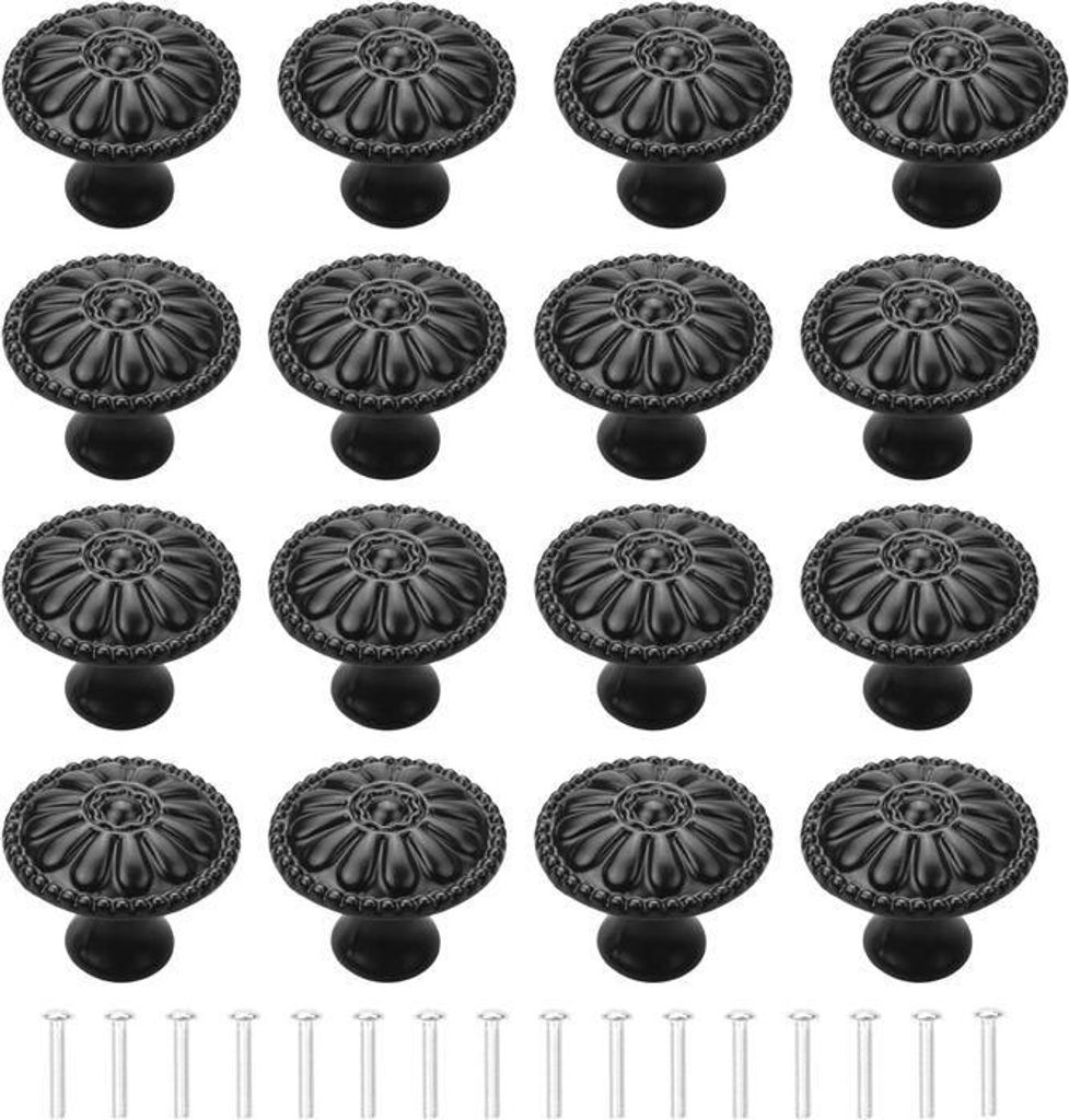Set mit 16 schwarzen Schranktürgriffen, runden Schubladenknöpfen, einlochigen Schrankgriffen