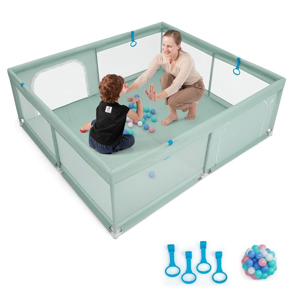 GOPLUS 200x180cm Baby Laufstall, Laufgitter, 4 Handringe & 50 Spielbällen, Krabbelgitter mit atmungsaktivem Netz, Tür & Reißverschluss
