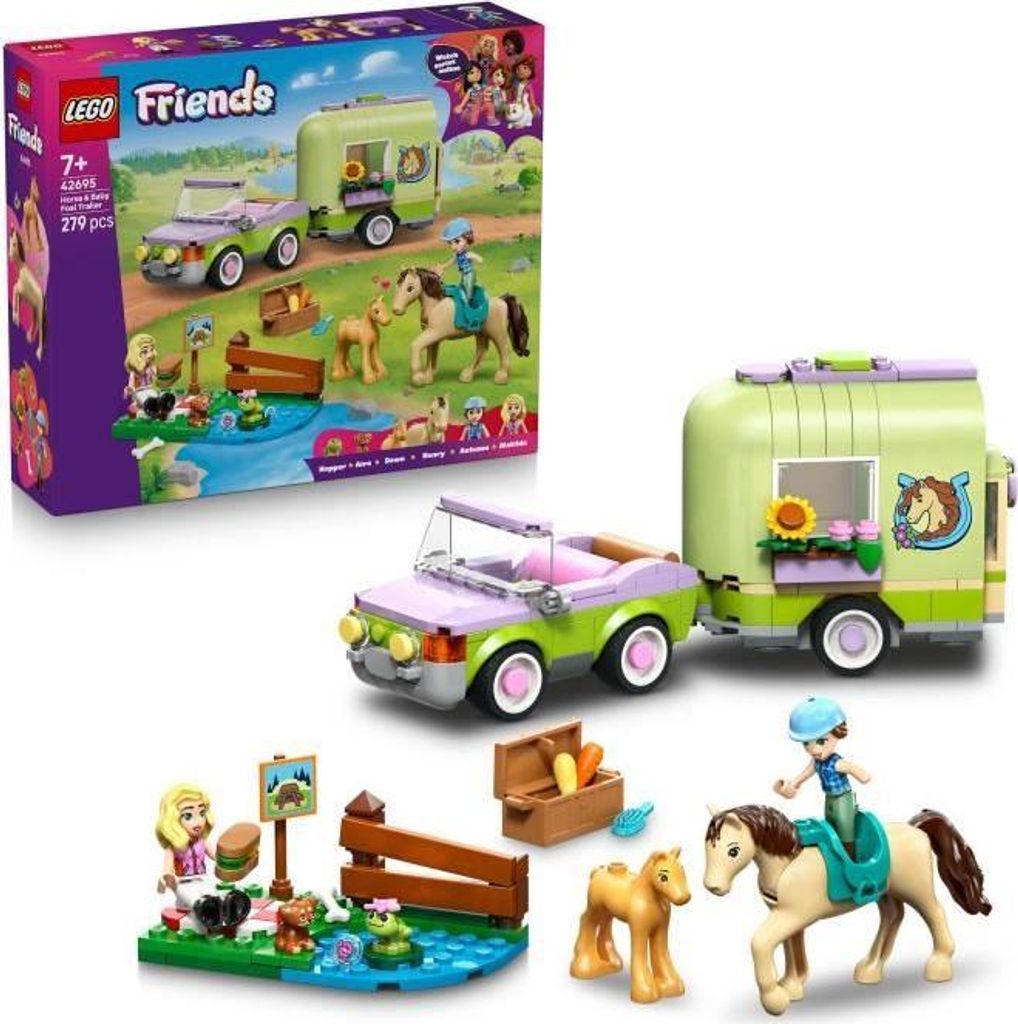 LEGO Friends 42695 Pferdeanhänger mit Fohlen, Bauset ab 7 Jahren, mit Auto, Anhänger, 2 Minipuppen, Welpe und Frosch