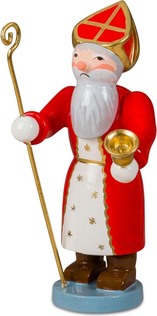 Weihnachtsfigur Nikolaus mit rotem Mantel, Bischofsstab und goldener Glocke Höhe 6,5cm NEU