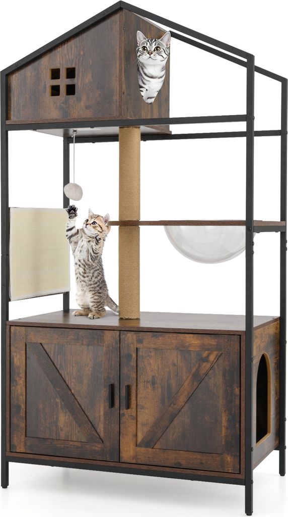 COSTWAY Kratzbaum Katzenschrank All-in-One Katzenmöbel für Katzentoilette mit Katzenklo Schrank, Jutepfosten, Raumkapsel & Kratzmatte 80x48x150cm