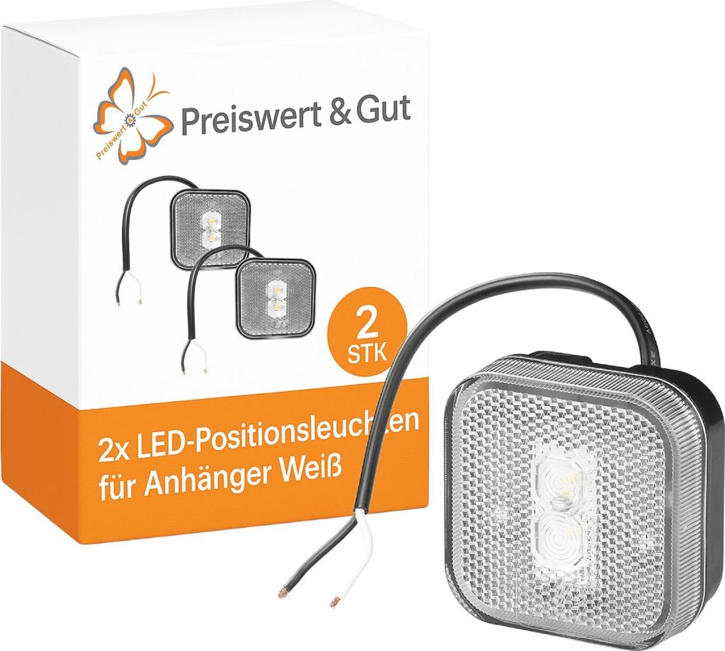 LED Positionsleuchte 2er Set Begrenzungsleuchte 65 x 65 mm weiß E- nach StVZO für Anhänger Fahrradträger