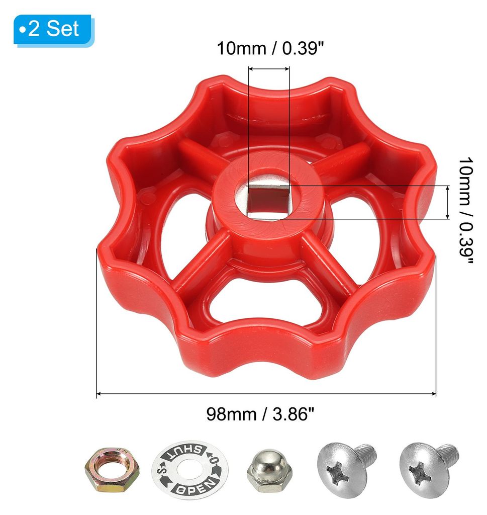 Au?enwasserhahn Griff Vierkantstiel Loch 6x6mm, ABS Runder Rad Wasserhahngriffe Ersatz Wasserhahngriff mit Schraubenabstandshalter, Rot, 2 Stš¹ck
