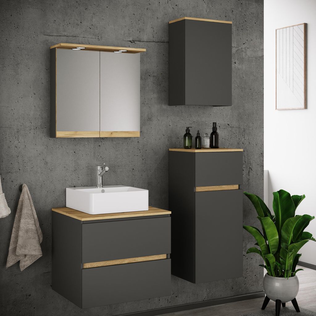 VCM 5-tlg. Waschtisch Set mit Keramikbecken, Badschrank mit 2 Softclose-Schubladen, Midischrank, Hängeschrank, Spiegelschrank mit Beleuchtung und ...