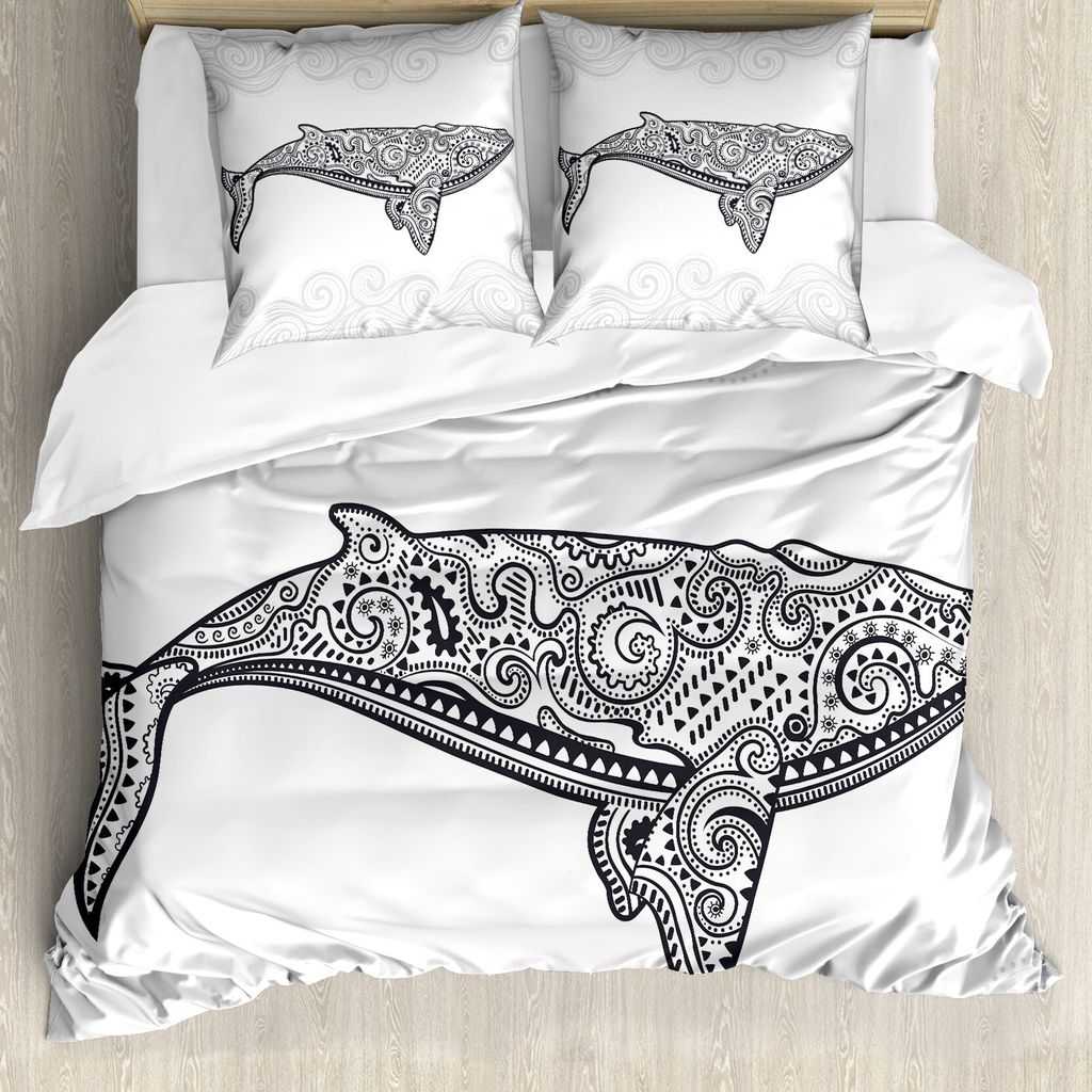 ABAKUHAUS Angeln Bettbezugs Set Für Doppelbetten, Große Fische orientalisch, Milbensicher Allergiker geeignet mit Kissenbezügen, Anthrazit grau ...