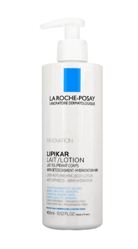 A white pump bottle of La Roche-Posay Lipikar Lait/Lotion.