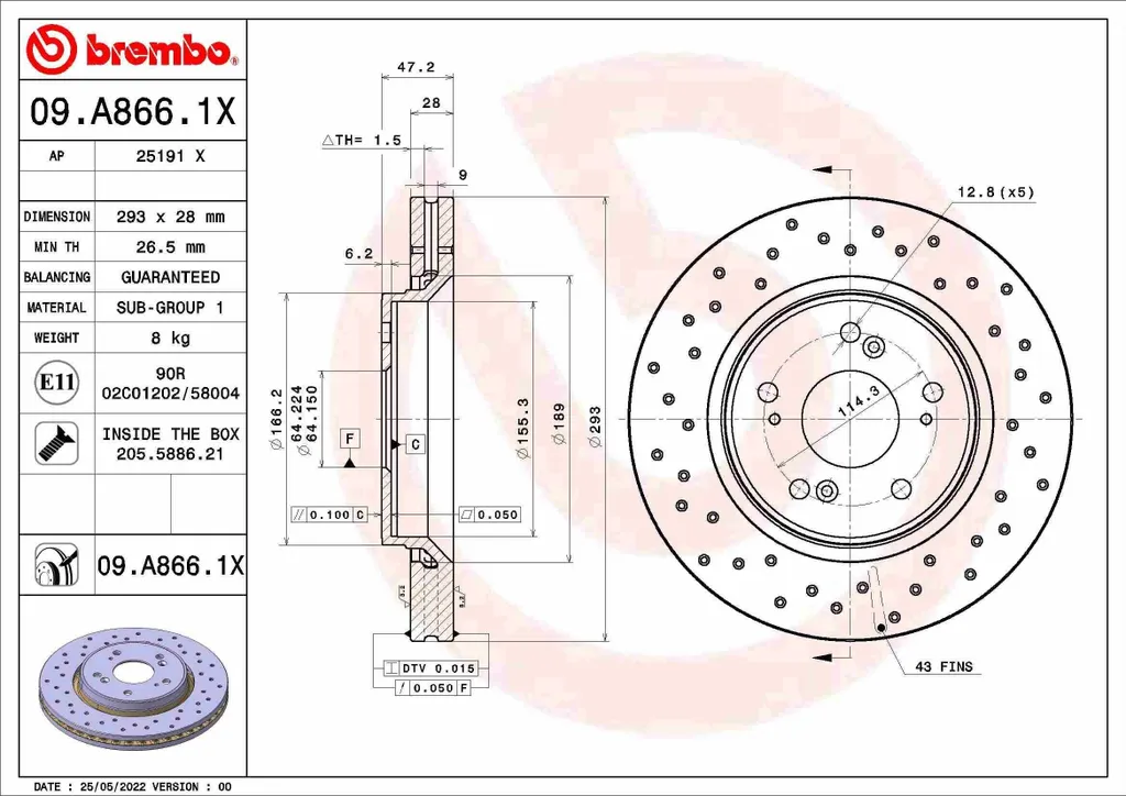 Brembo 09.A866.1X Disque de Frein Xtra pour Honda CR-V III et IV