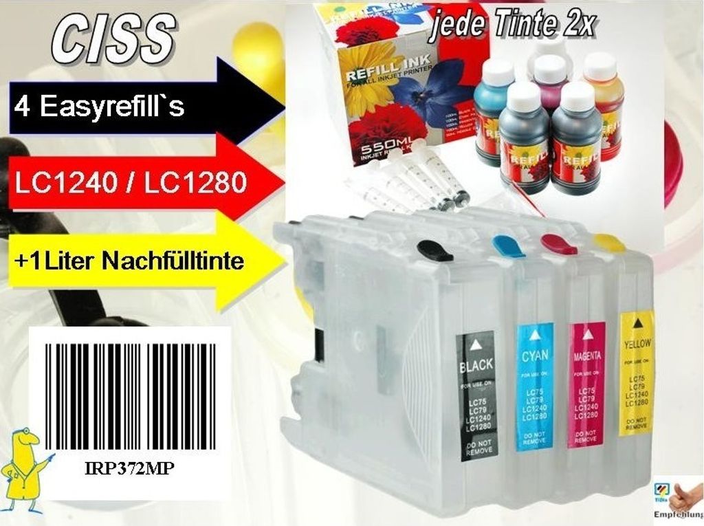 CISS Sparpack II: Easyrefills+1000ml Nachfülltinte für LC1220/ LC1240/ LC1280