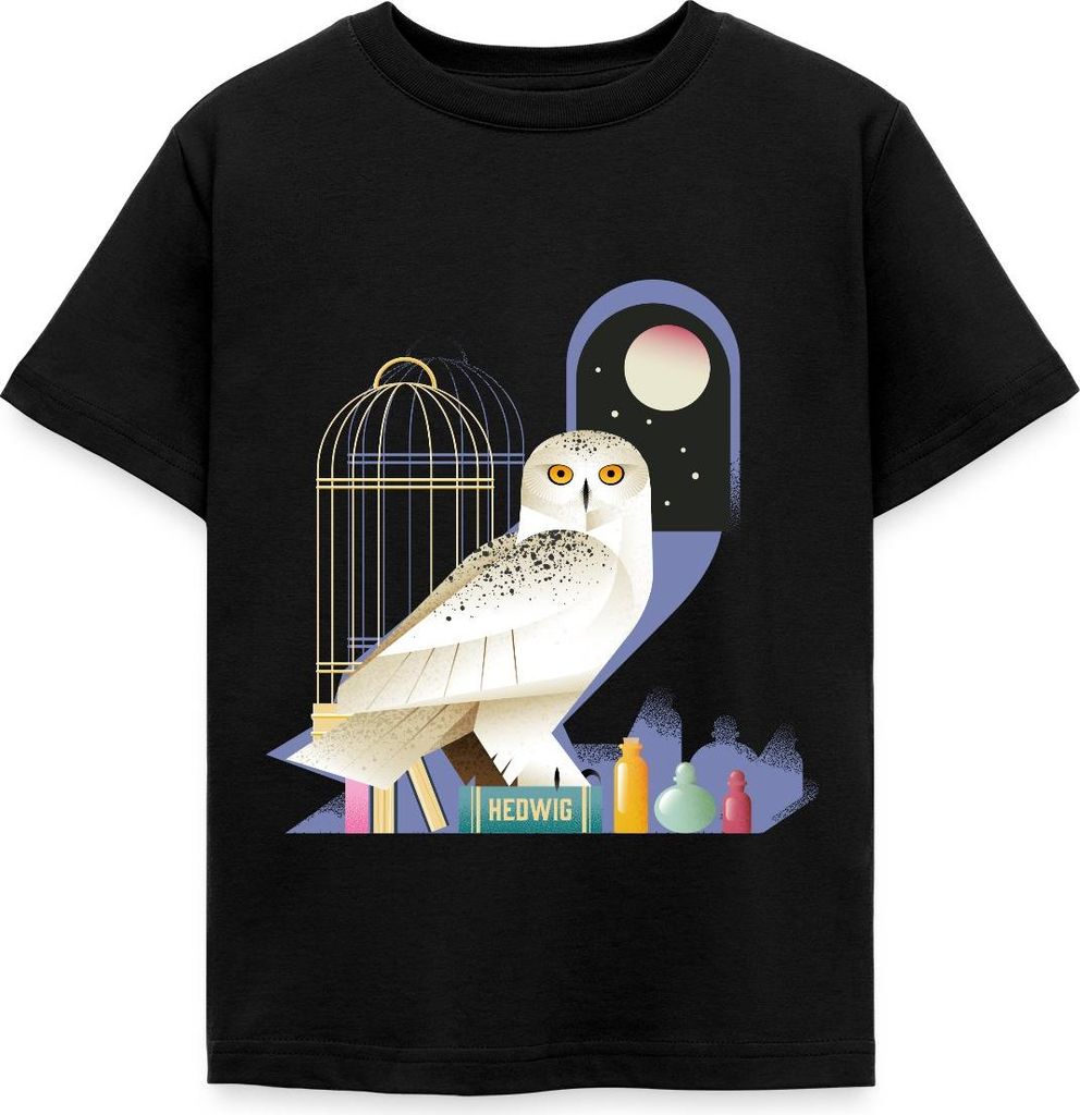 Spreadshirt Harry Potter Eule Hedwig Bei Nacht Kinder T-Shirt, 98/104 (3-4 Jahre), Schwarz