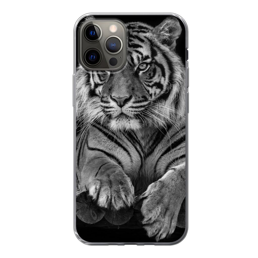 MuchoWow Handyhülle Schutzhülle Hülle für iPhone 12 Pro Sumatra-Tiger auf schwarzem Hintergrund Silikon Softcase Handy Hülle - Abdeckung