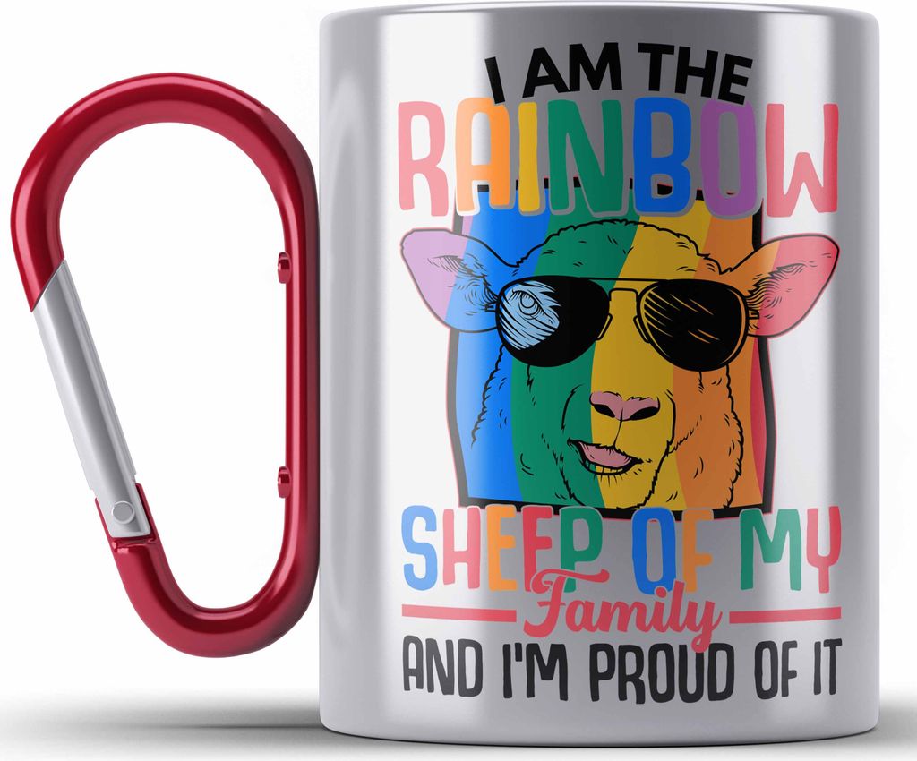Trendation - LGBT Edelstahl Tasse Karabiner Geschenk für Schwule Lesben Transgender Regenbogen Lustige Grafik Regenbogen Schaaf In Der Familie (Rot)