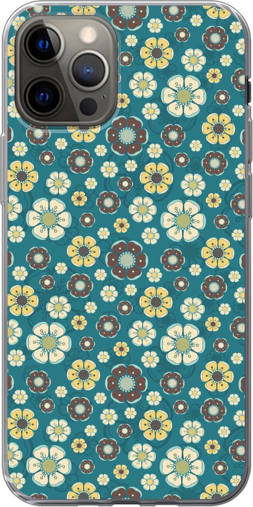 MuchoWow Handyhülle Schutzhülle Hülle für Telefoonhoesje iPhone 12 Pro Retro - Blumen - Muster - Blau Silikon Softcase Handy Hülle - Abdeckung