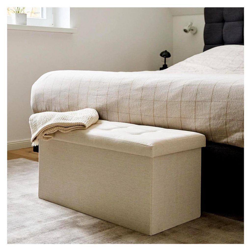 Premium Sitzbank mit Stauraum - Sitztruhe aus Stoff für Schlafzimmer und Flur - Verstärkt mit Holz - Beige - 76x38x38 cm