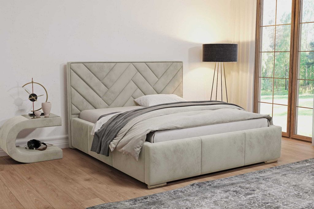 AGMAT Polsterbett VENUS mit Kopfteil, 140 x 200 cm, Doppelbett mit Bettkasten und Lattenrost aus Metall, Velourstoff: Beige