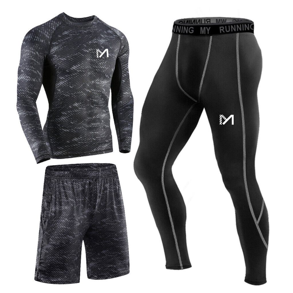 3Teiliger Sportanzüge Jogginganzug Kompressionsshirt Herren Laufhose Trainingsshort Kompressionshose Funktionswäsche für Running Gym Fitness PRI...