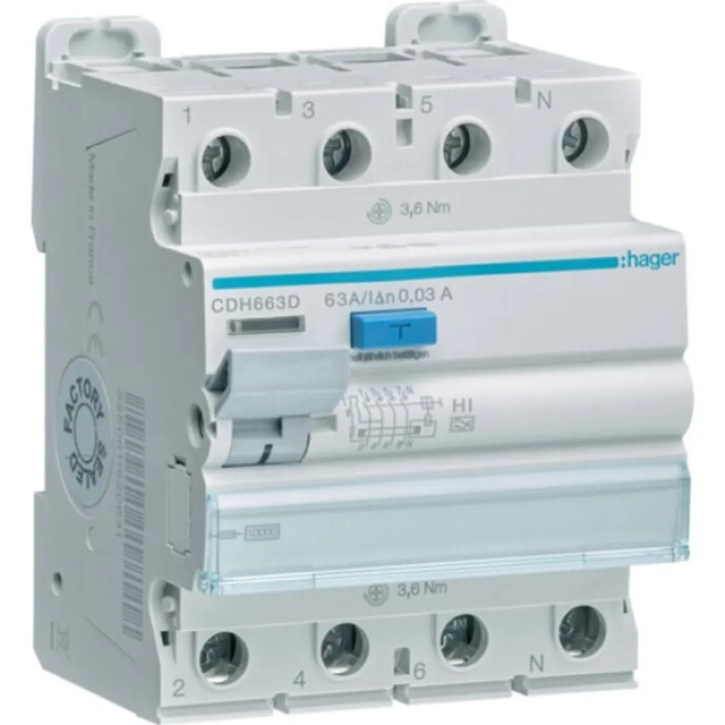 Interrupteur différentiel type HI Hager CDH663D 4 pôles 63 Ampères 10KA