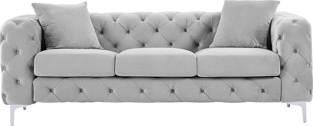 Chesterfield 3-Sitzer Sofa in Velours hellgrau - EDWINA