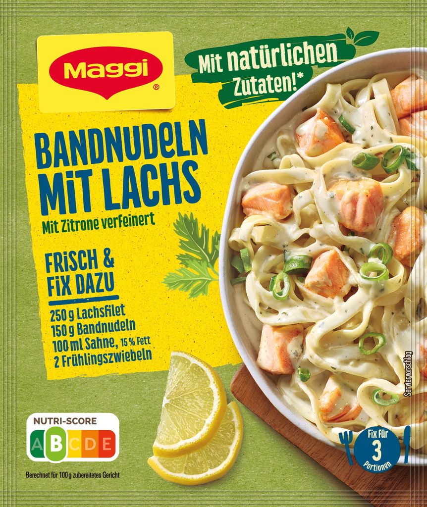 A package of Maggi Bandnudeln mit Lachs meal kit, with a prepared dish shown in a bowl.