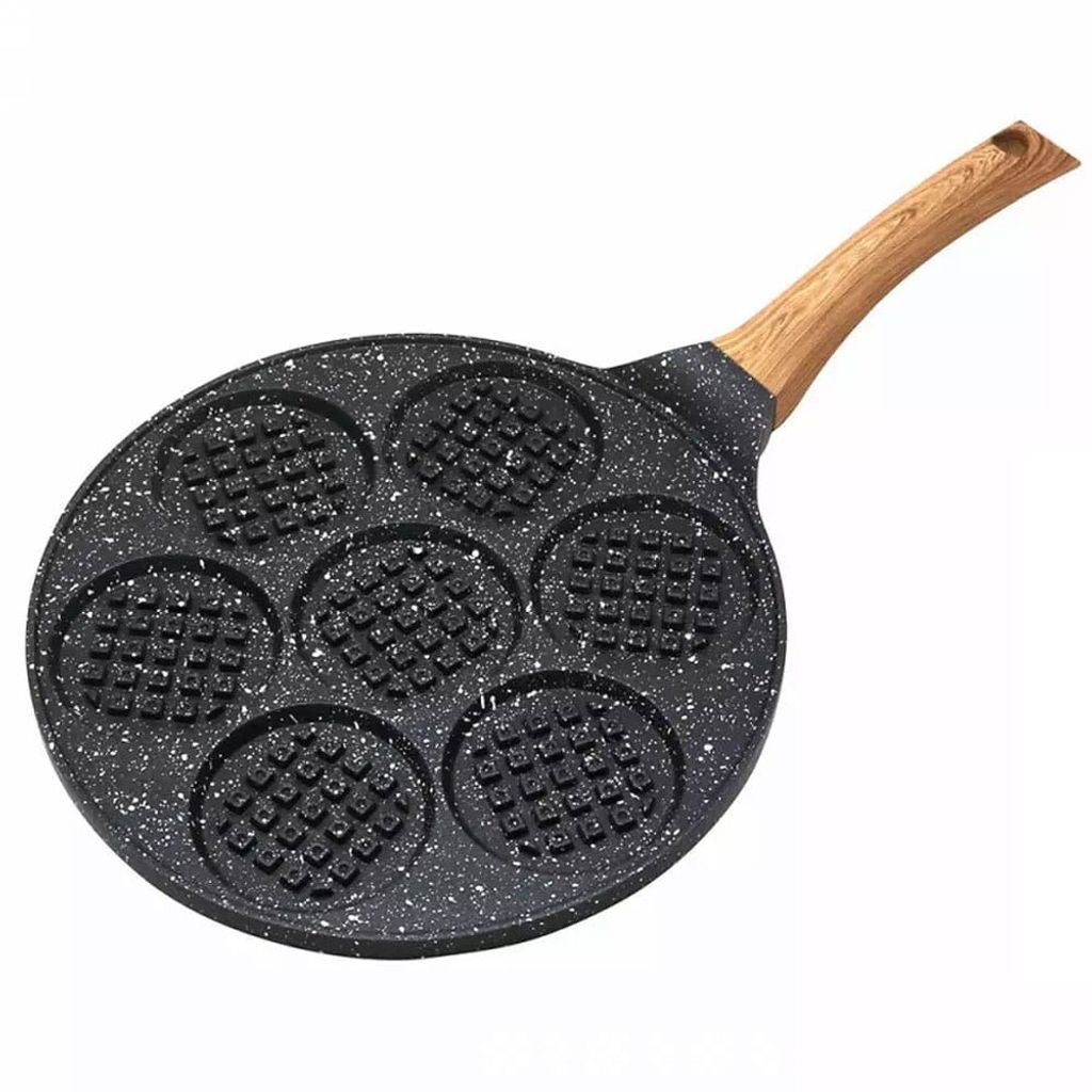 A top-down view of a waffle pan with a wooden handle, isolated on a white background.