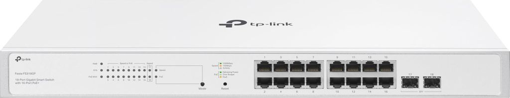 TP-Link Festa FS318GP V1 - Switch - Smart - 16 x 10/100/1000 (PoE+) + 2 x Gigabit SFP - an Rack montierbar - PoE+ (150 W)