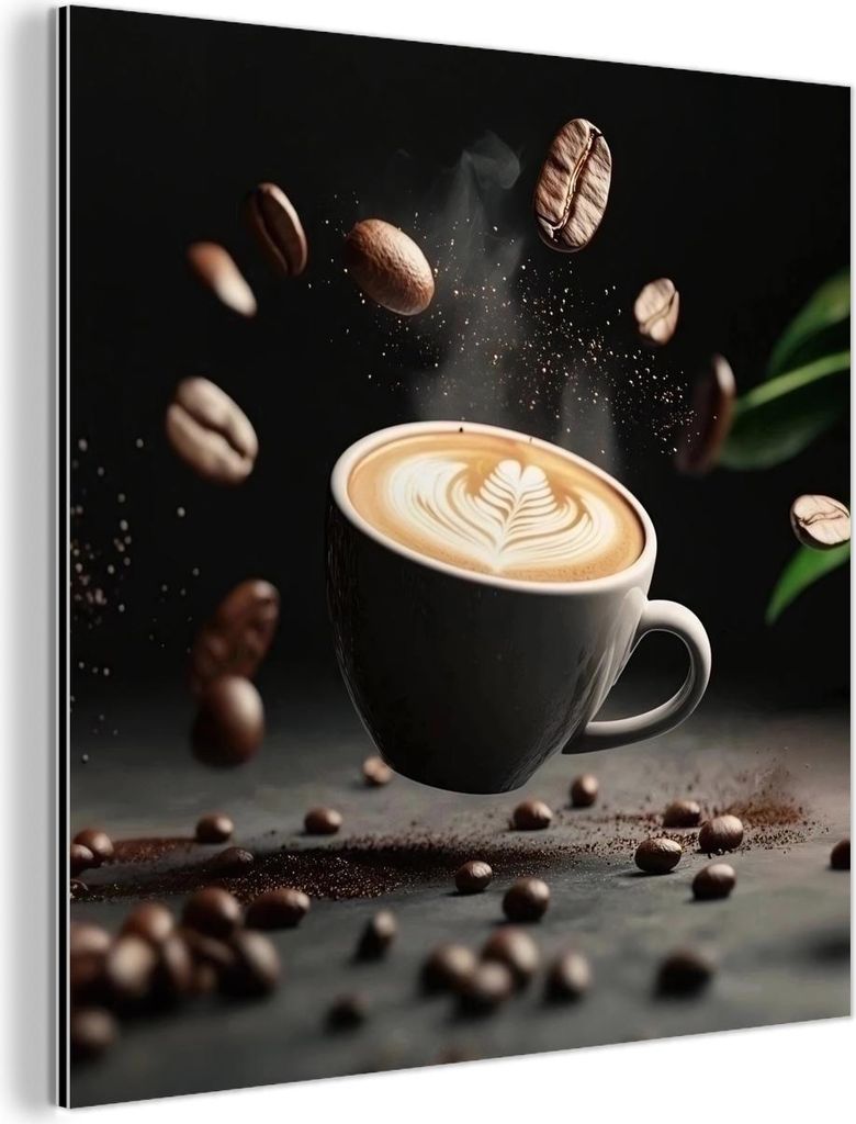 MuchoWow Wanddekoration Metall Metallbild Wandkunst 20x20 cm Cappuccino - Tasse - Bohnen - Braun MuchoWow Aluminium Gemälde - Alu Dibond Bilder