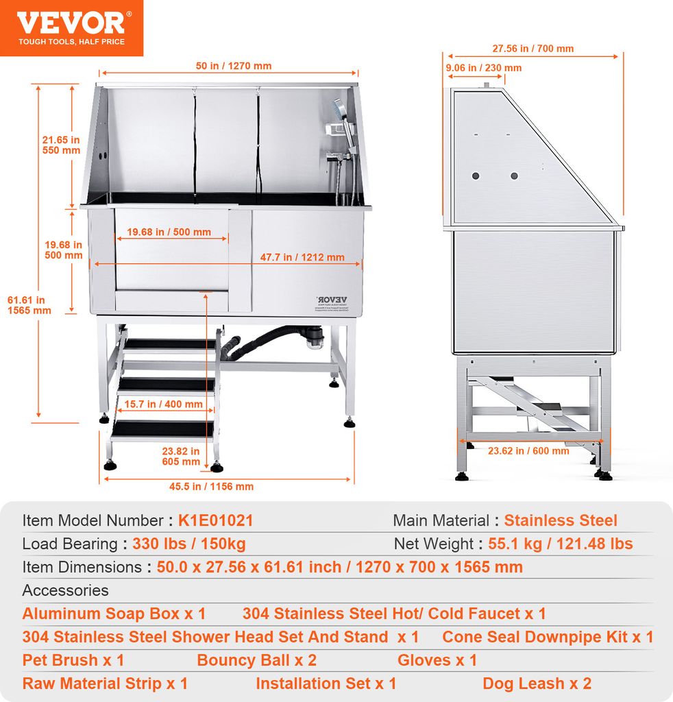 VEVOR Profesionálna vaňa na starostlivosť o psov 127 cm Obrázok produktu 7