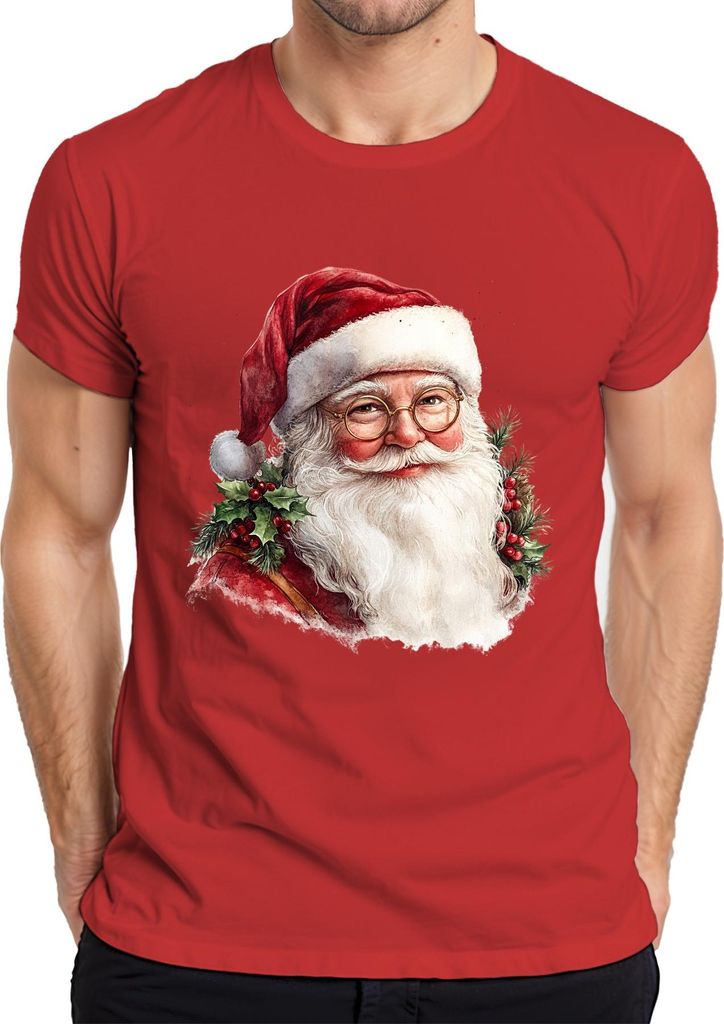 Weihnachtsmann Aquarell Portrait Brille Stechpalme Vintage Herren T-Shirt, Rot, XL