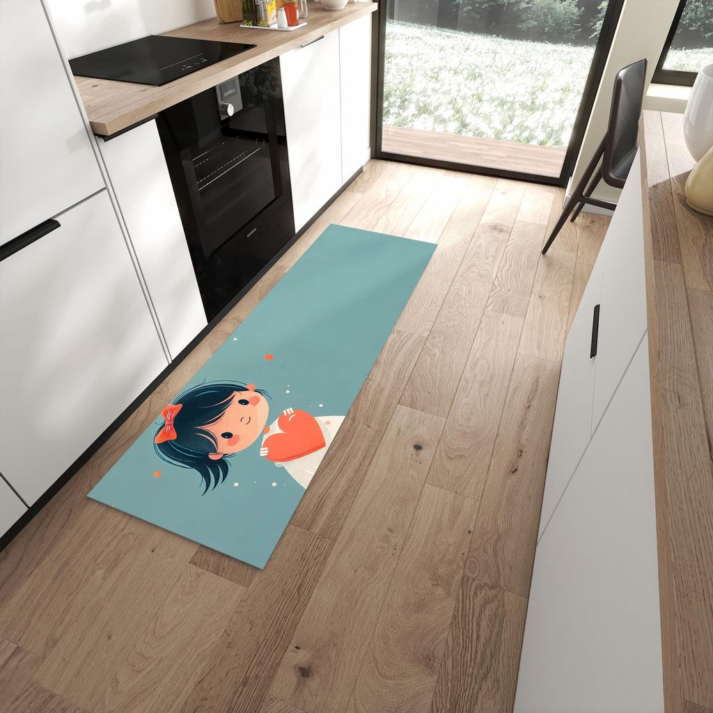 Küchenteppich 60x180cm rutschfest & abwischbar PVC Läufer - Herzliches Mädchen