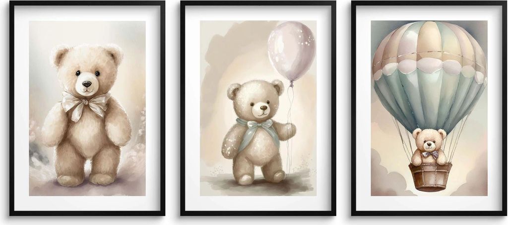 Pastellfarbenes Wandposter fürs Kinderzimmer. Süße Teddybären 3x 30x40