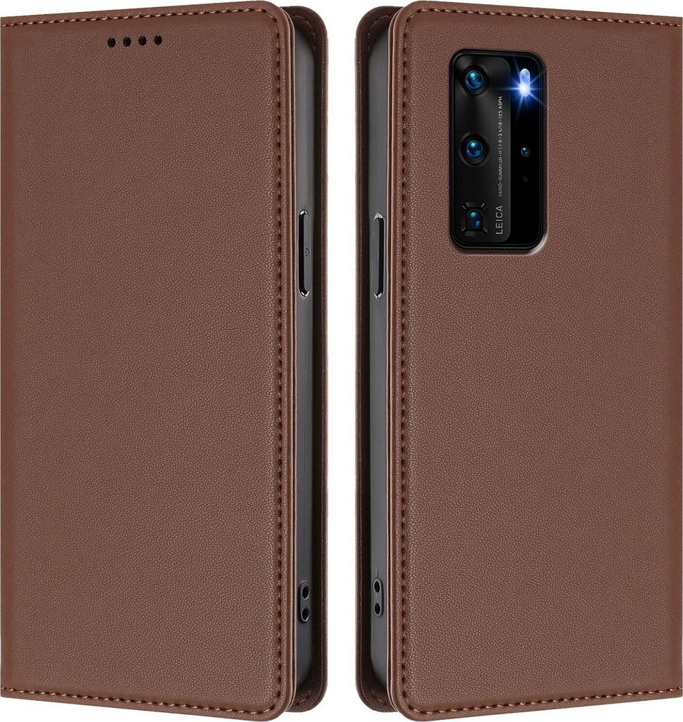 Handyhülle für Huawei P40 Pro, Kunstleder Klapphülle Stoßfeste Magnetische Hülle mit Ständer Braun